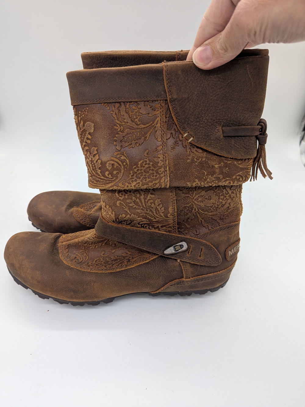 Merrell Women's Haven Pull-On Embossed Boot Slouchy Mid Calf Brown Size 8.5